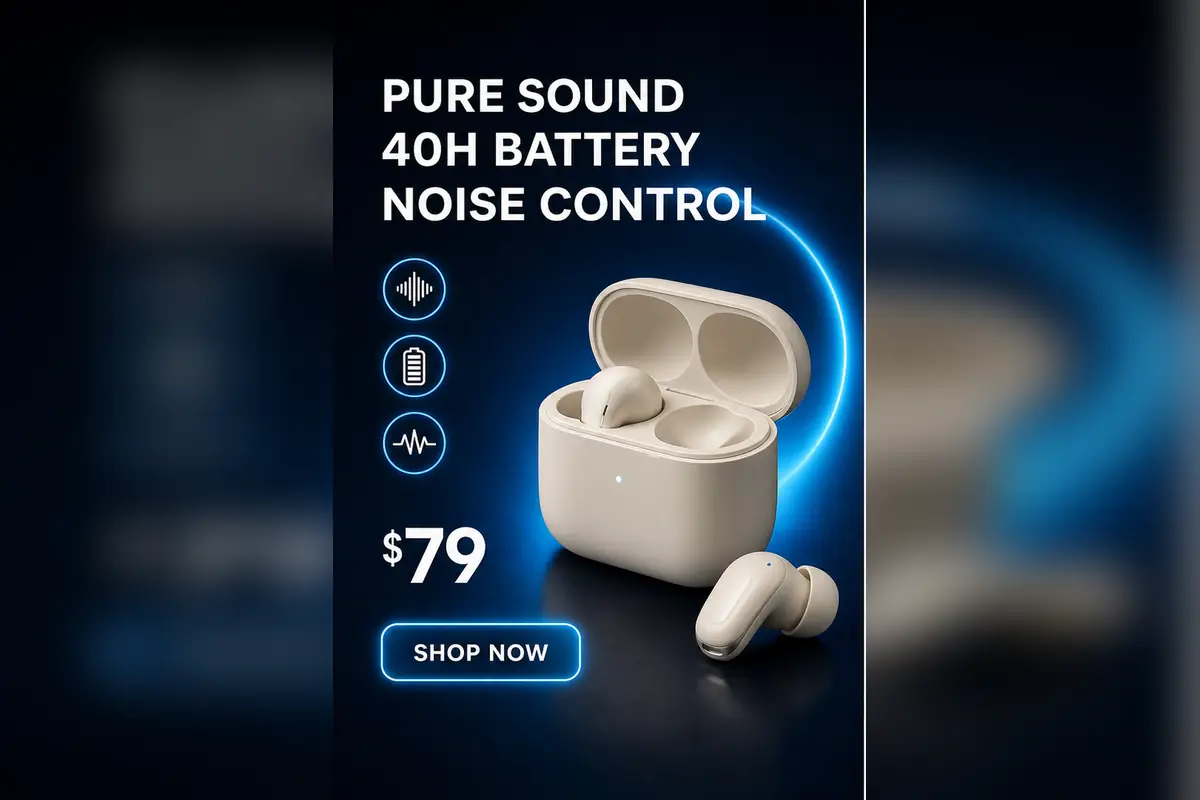 English wireless earbuds product advertisement before image translation