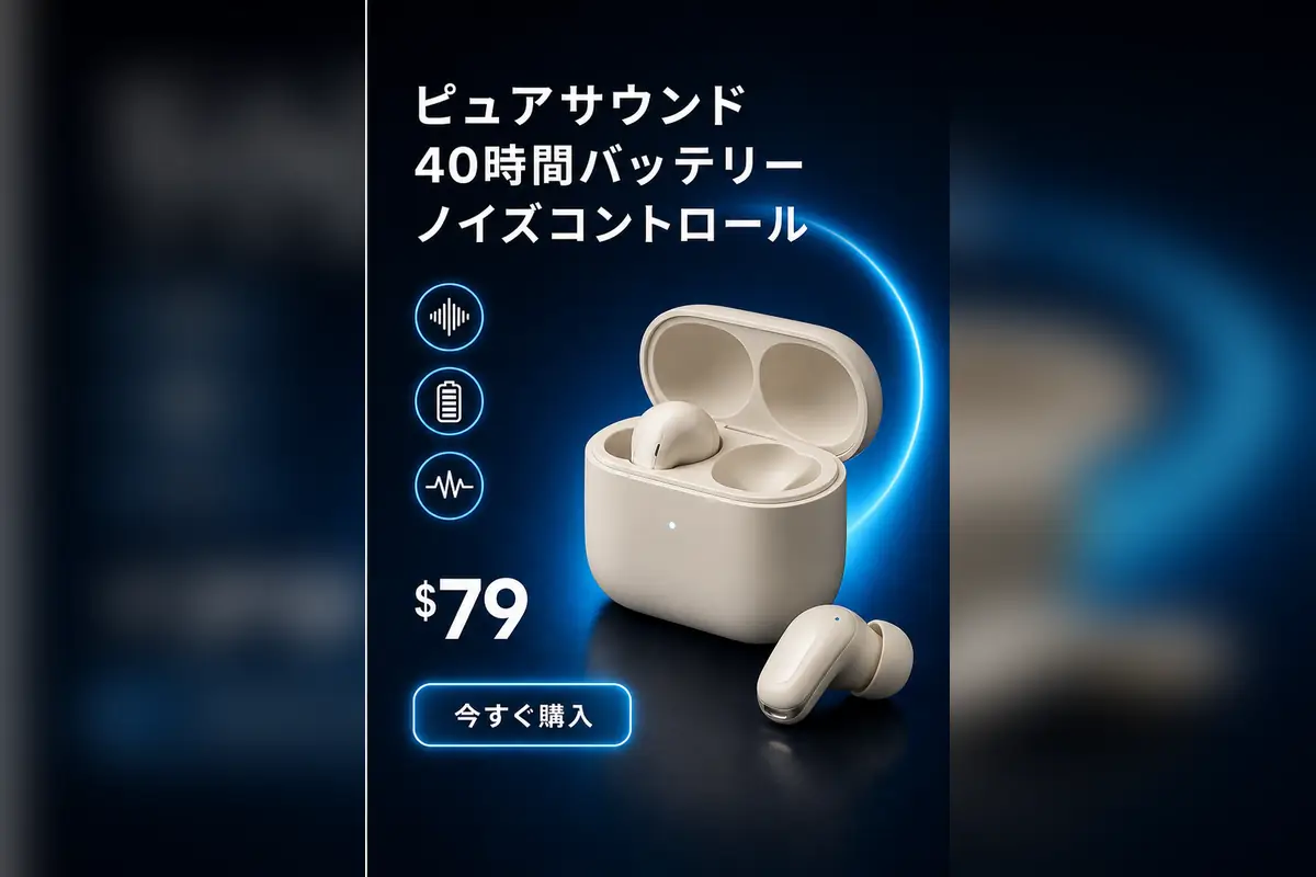 Japanese translation of a wireless earbuds advertisement preserving the product, price, and layout